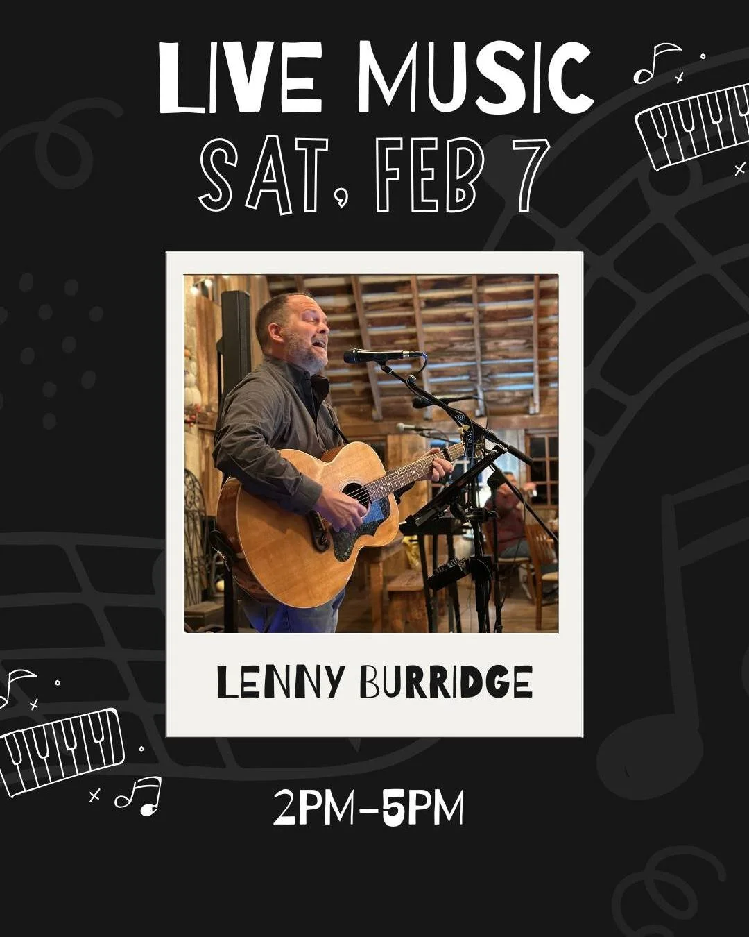 Lenny Burridge is back in the Tasting Room this Saturday from 2&ndash;5 PM! Stop by for great music and delicious wine. 🎶🍷