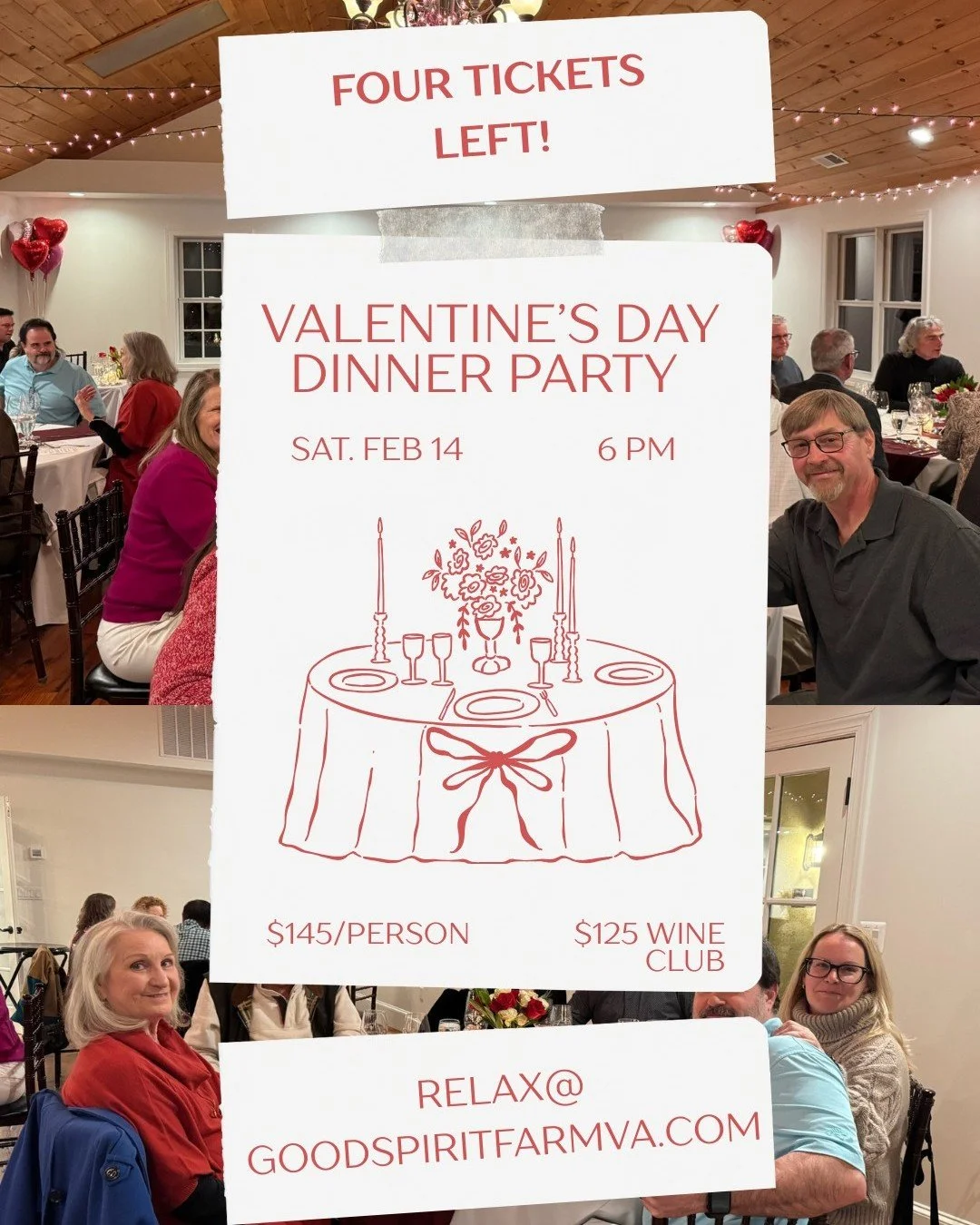 Just four tickets left for our Valentine&rsquo;s Dinner Party! Four courses, wine pairings, and an amazing evening. Email us if you want in!