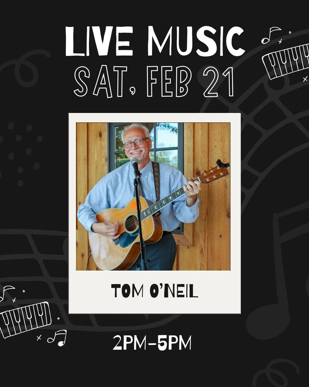 Tom O&rsquo;Neil is in the Tasting Room tomorrow, 2&ndash;5 PM! Come sip and enjoy the tunes. 🎶🍷