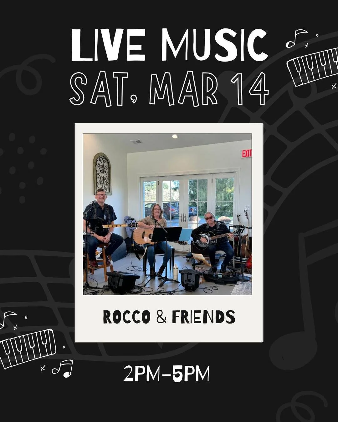 Live music this Saturday! 🎶
Rocco &amp; Friends | March 14 | 2&ndash;5 PM
Come sip and enjoy the tunes. 🍷