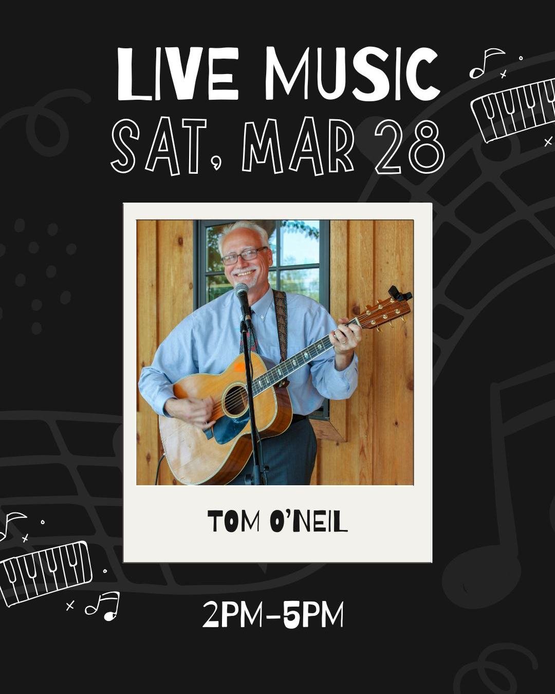 Tom O&rsquo;Neil is in the Tasting Room Saturday, 2&ndash;5 PM! Come sip and enjoy the tunes. 🎶🍷