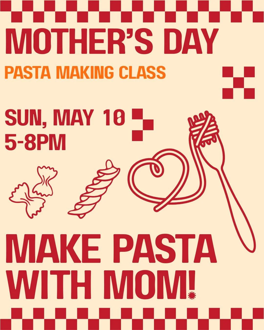 Celebrate Mother&rsquo;s Day with a hands-on pasta-making experience! 🍝 Join Chef Cole Elbel as he guides you step-by-step in creating fresh cavatelli from scratch. Enjoy your handmade pasta topped with his signature red sauce, followed by a cozy di