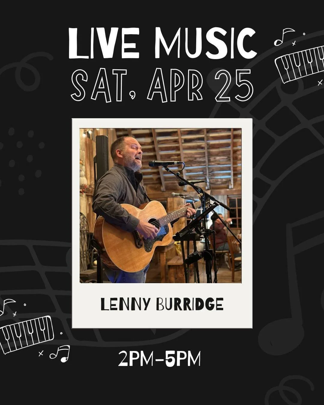 Lenny Burridge is back in the Tasting Room this Saturday from 2&ndash;5 PM! Stop by for great music and delicious wine. 🎶🍷