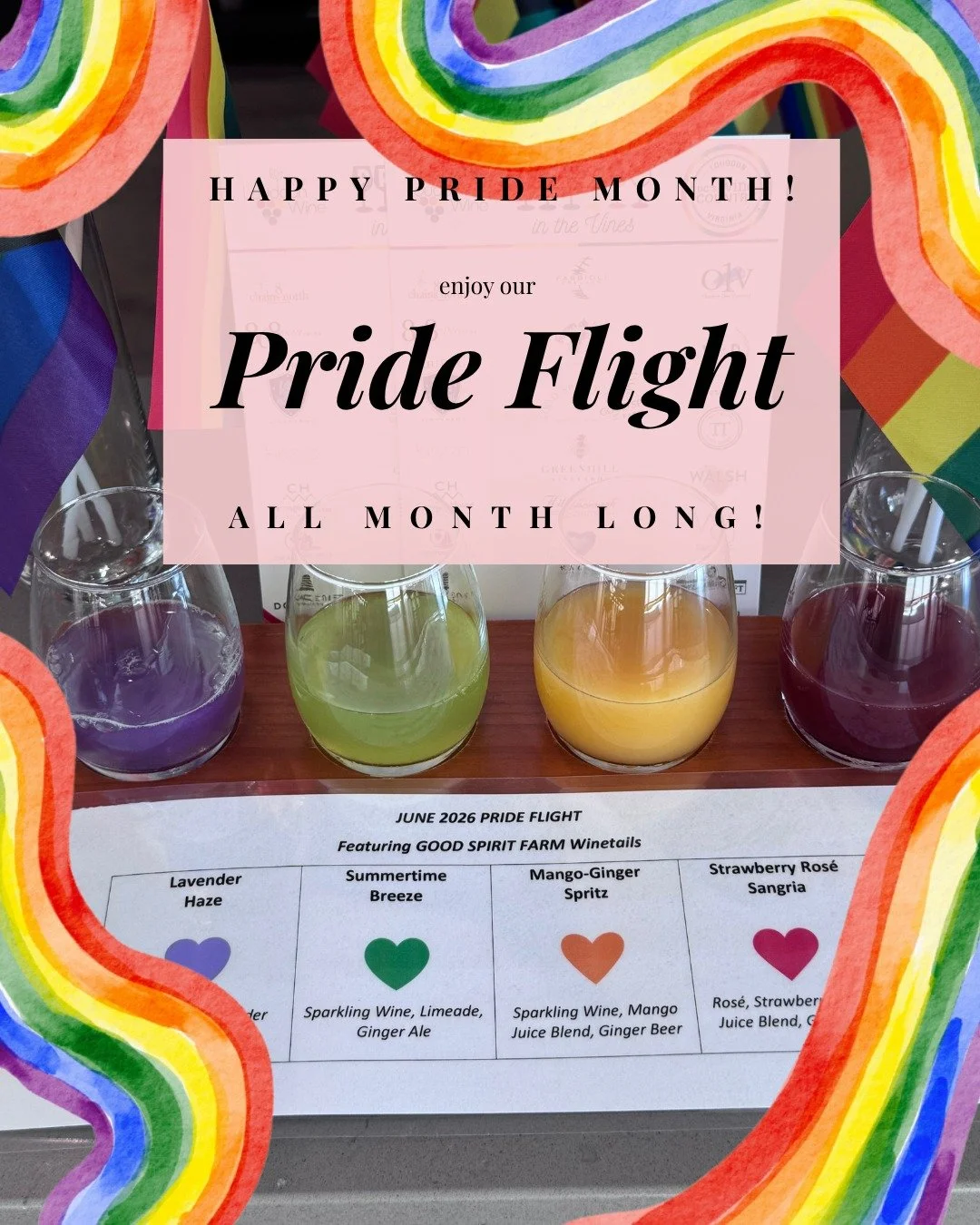 Cheers to Pride Month! 🌈🍷 Stop by and enjoy our Pride Flight, featuring colorful, refreshing winetails all month long. Don't forget to pick up your Pride in the Vines passport while you're here!