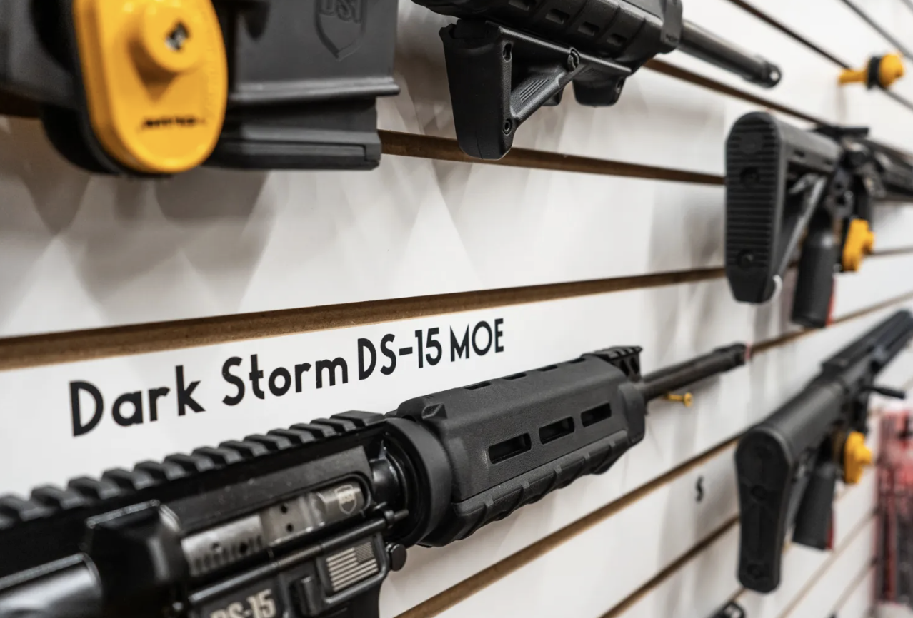 AR-15-style rifles on display at M&M Gun Shop in New Bedford. Credit: Eleonora Bianchi / The New Bedford Light