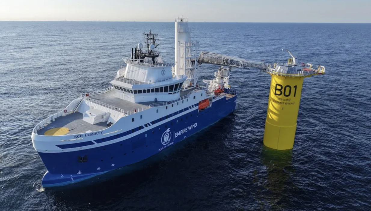 The vessel ECO Liberty at an offshore wind monopile in Empire Wind’s lease area near Long Island, New York (Equinor)