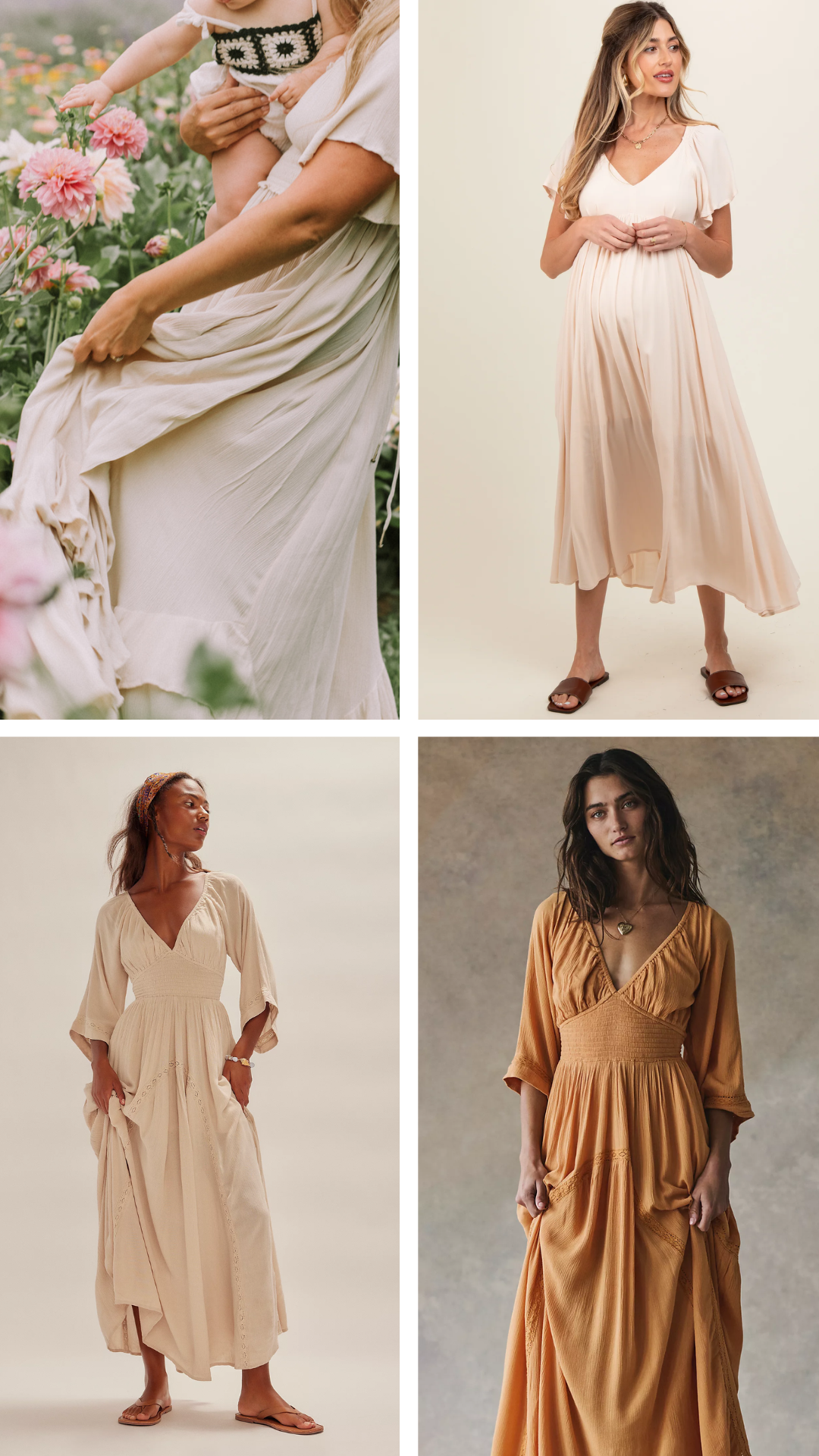 A collage of four women wearing flowing, bohemian-style dresses in neutral and earthy tones, with different backgrounds including a flower garden, plain studio backdrop, and textured wall.
