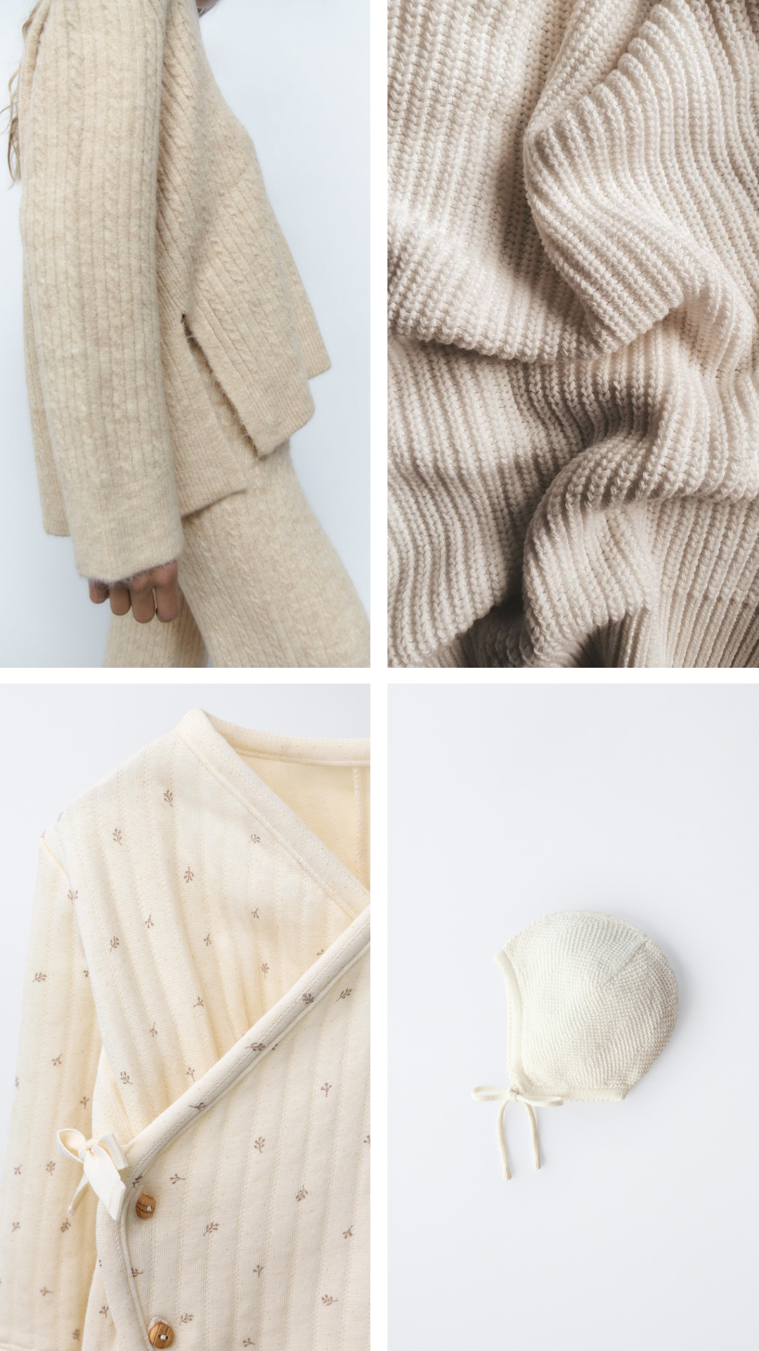 Four images of beige and cream-colored baby and adult clothing: a beige knit sweater and pants, a close-up of beige knit fabric, a cream-colored baby cardigan with small embroidered details, and a cream-colored baby bonnet.