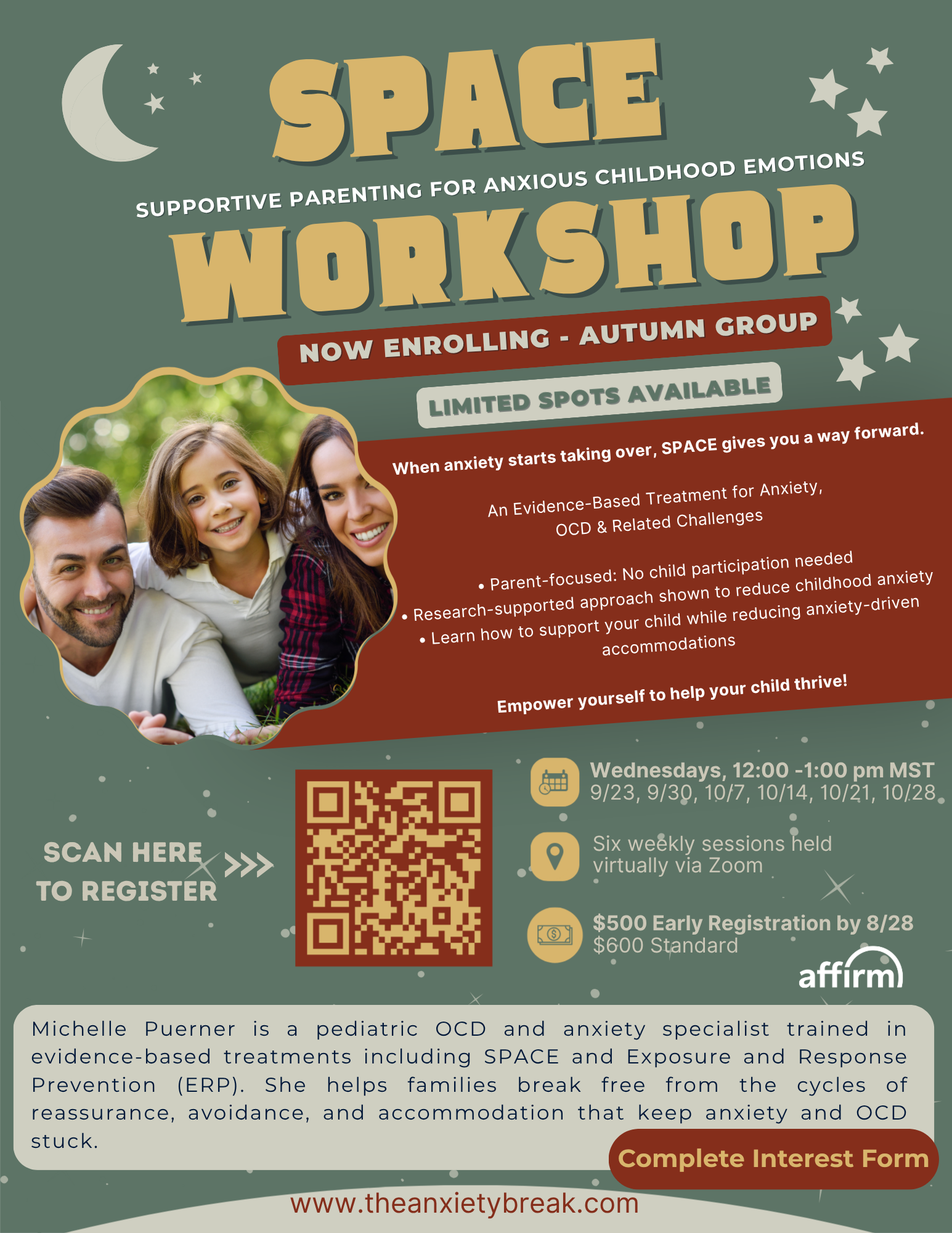 SPACE Workshop autumn 2026 flyer for parents of children with anxiety and OCD. Six-week virtual parent-focused program led by Michelle Puerner, beginning September 23, 2026.