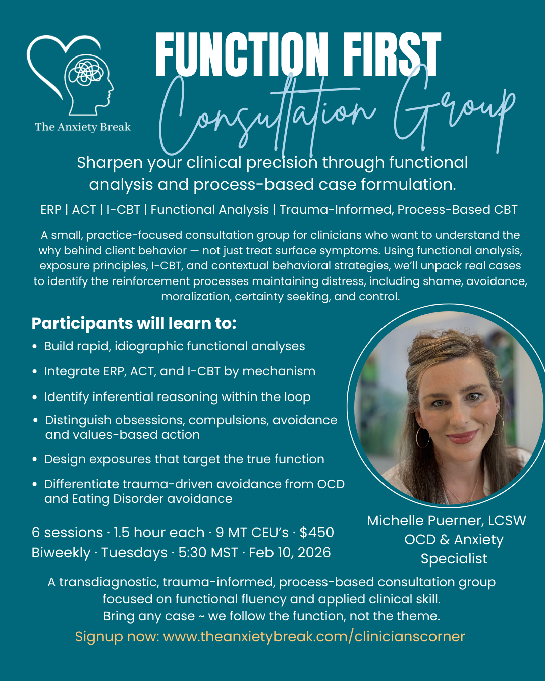Function First Consultation Group flyer for clinicians featuring a process-based, transdiagnostic consultation group focused on functional analysis, ERP, ACT, I-CBT, OCD, trauma, and eating disorders, led by Michelle Puerner, LCSW.