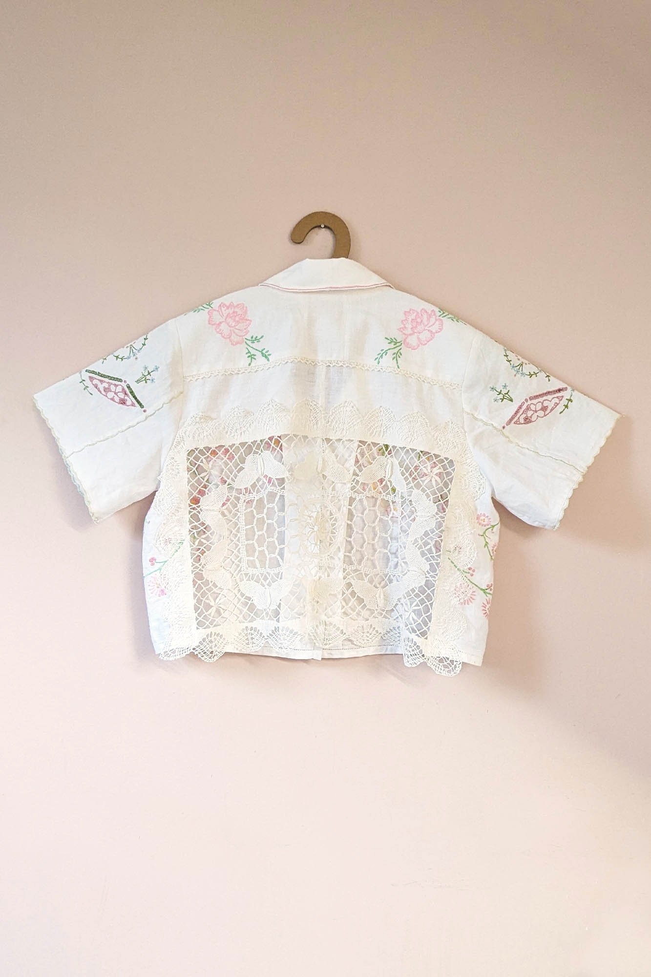 one of a kind upcycled tablecloth shirt