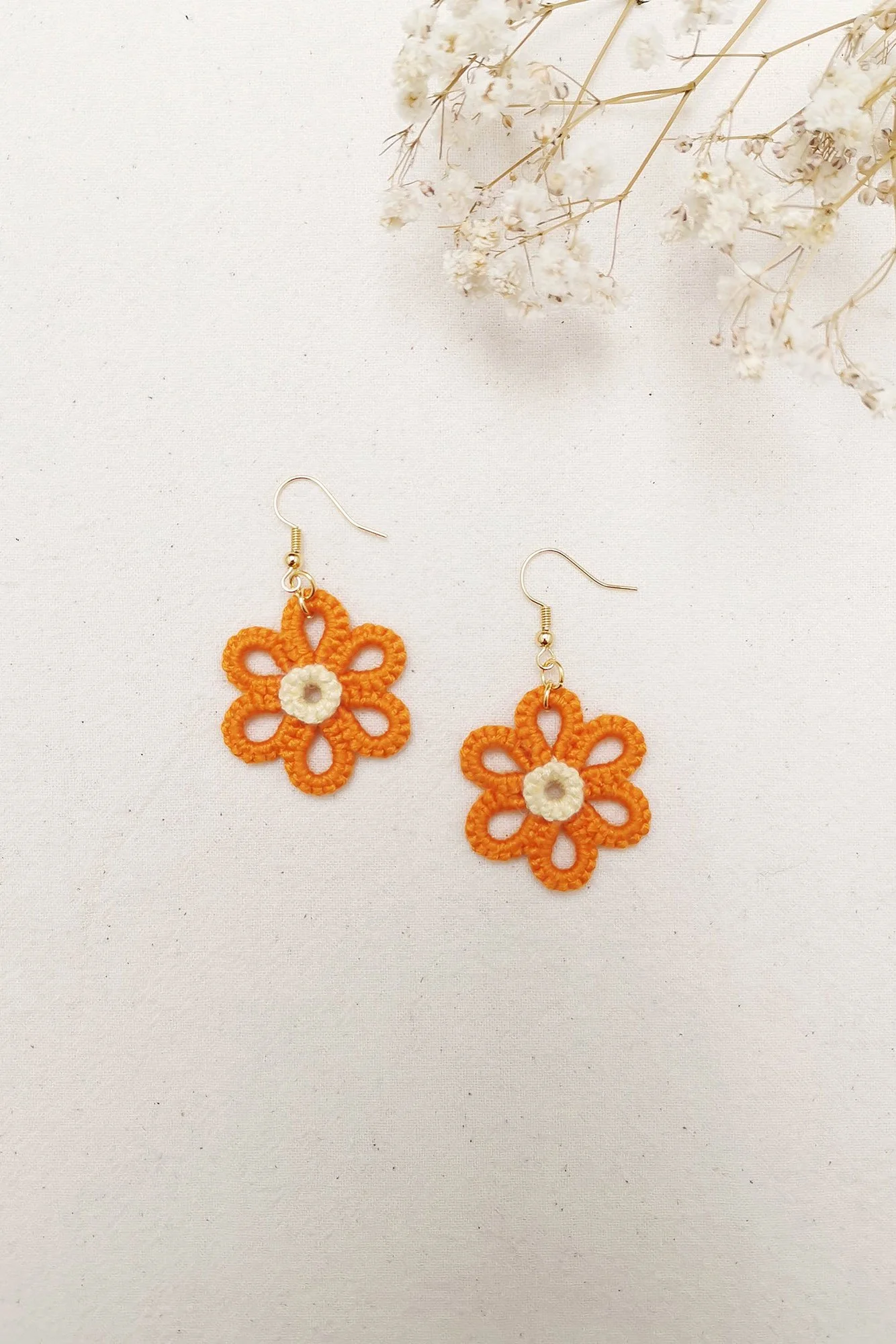 Funky 60s Inspired Orange Daisy Flower Tatted Earrings