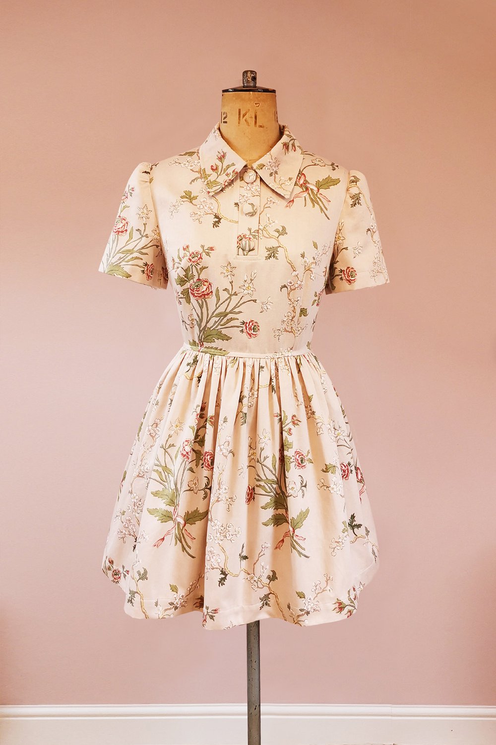 Pink Oriental Floral Print Cute Dress Made Using Repurposed Vintage Fabrics