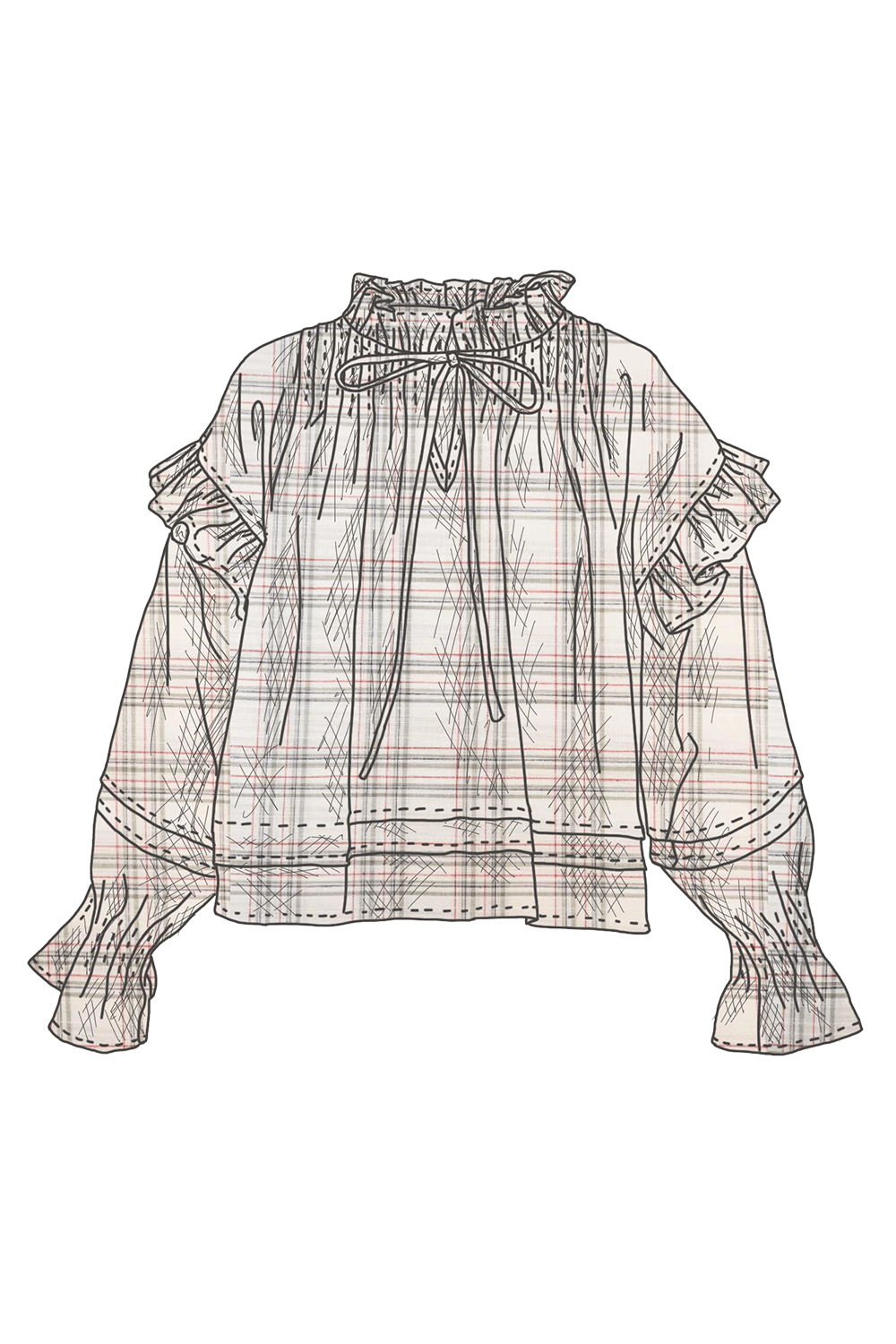 Artisan fashion ruffle blouse in plaid, made-to-order in North Yorkshire, British-made.