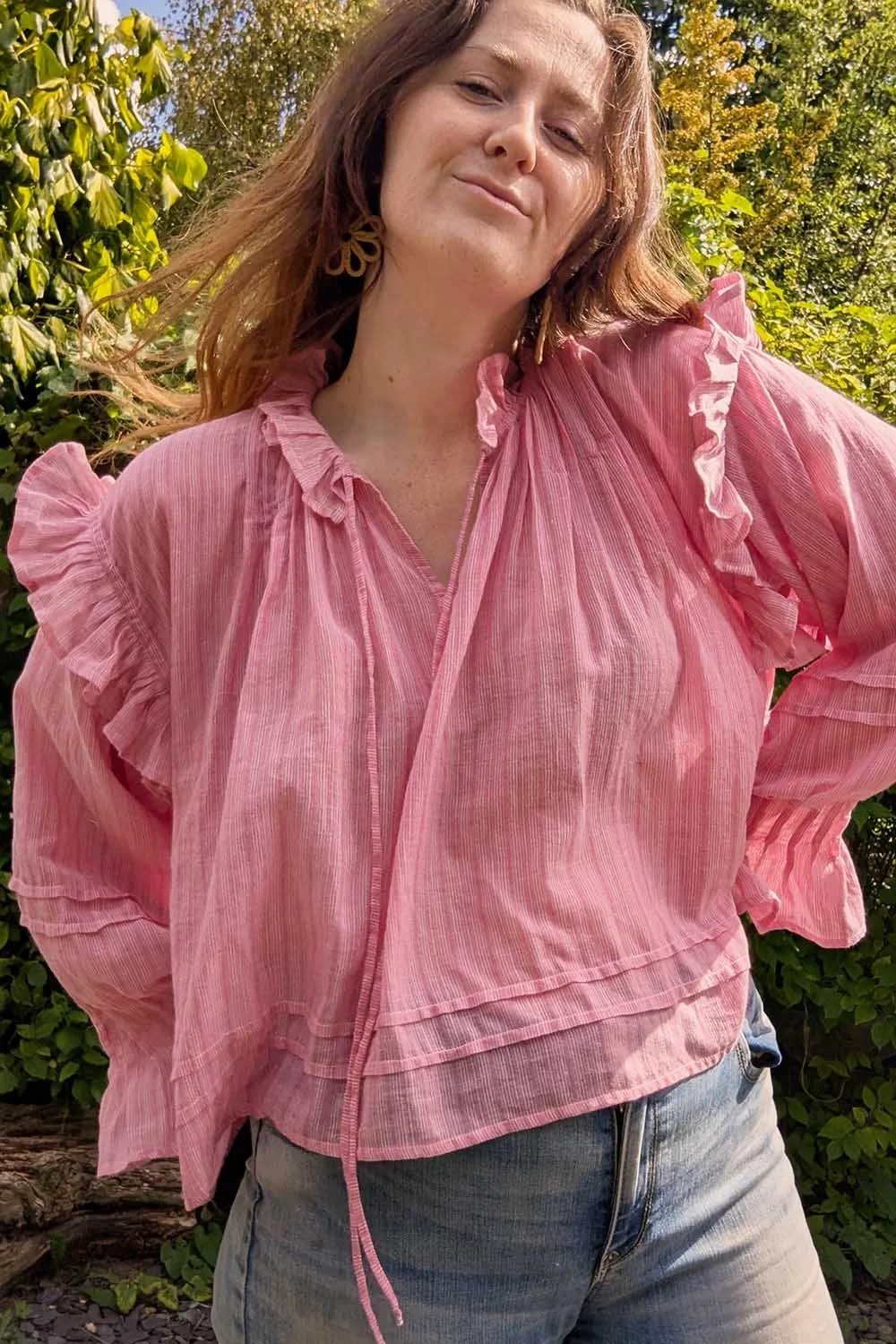 romantic pink peasant blouse with puff sleeves