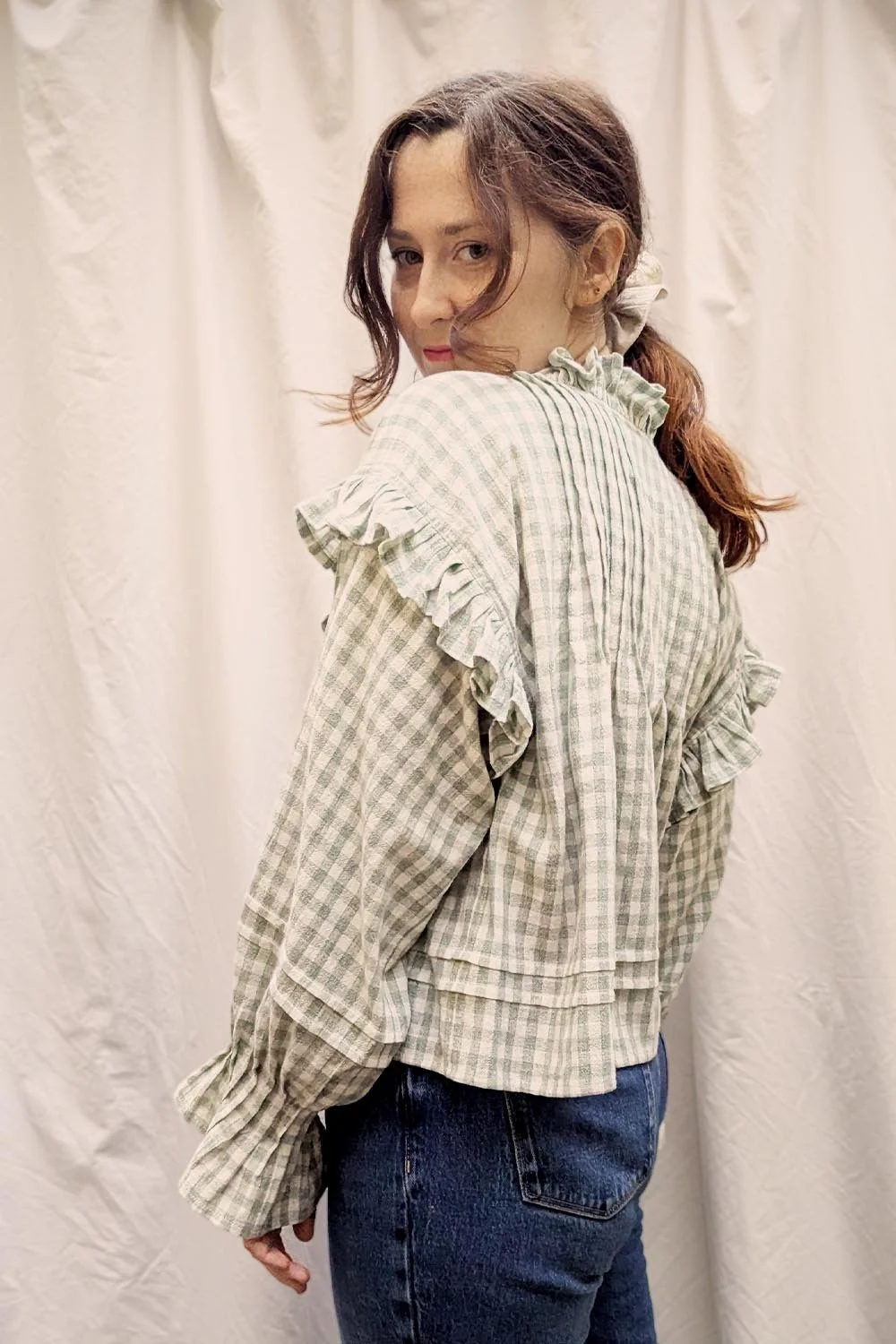 Vintage Gingham Ruffle Blouse - Made in Britain - Daffodil + Leek