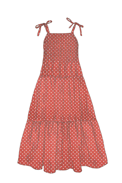 Tiered dress in red polka dot, artisan fashion, handmade in Britain.