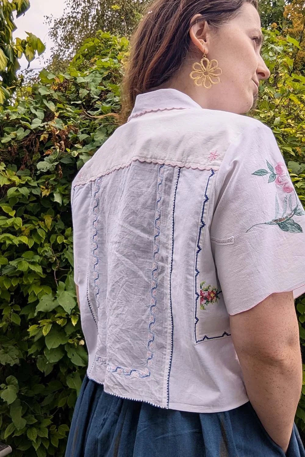 Retro button up blouse with artisan floral embroidery