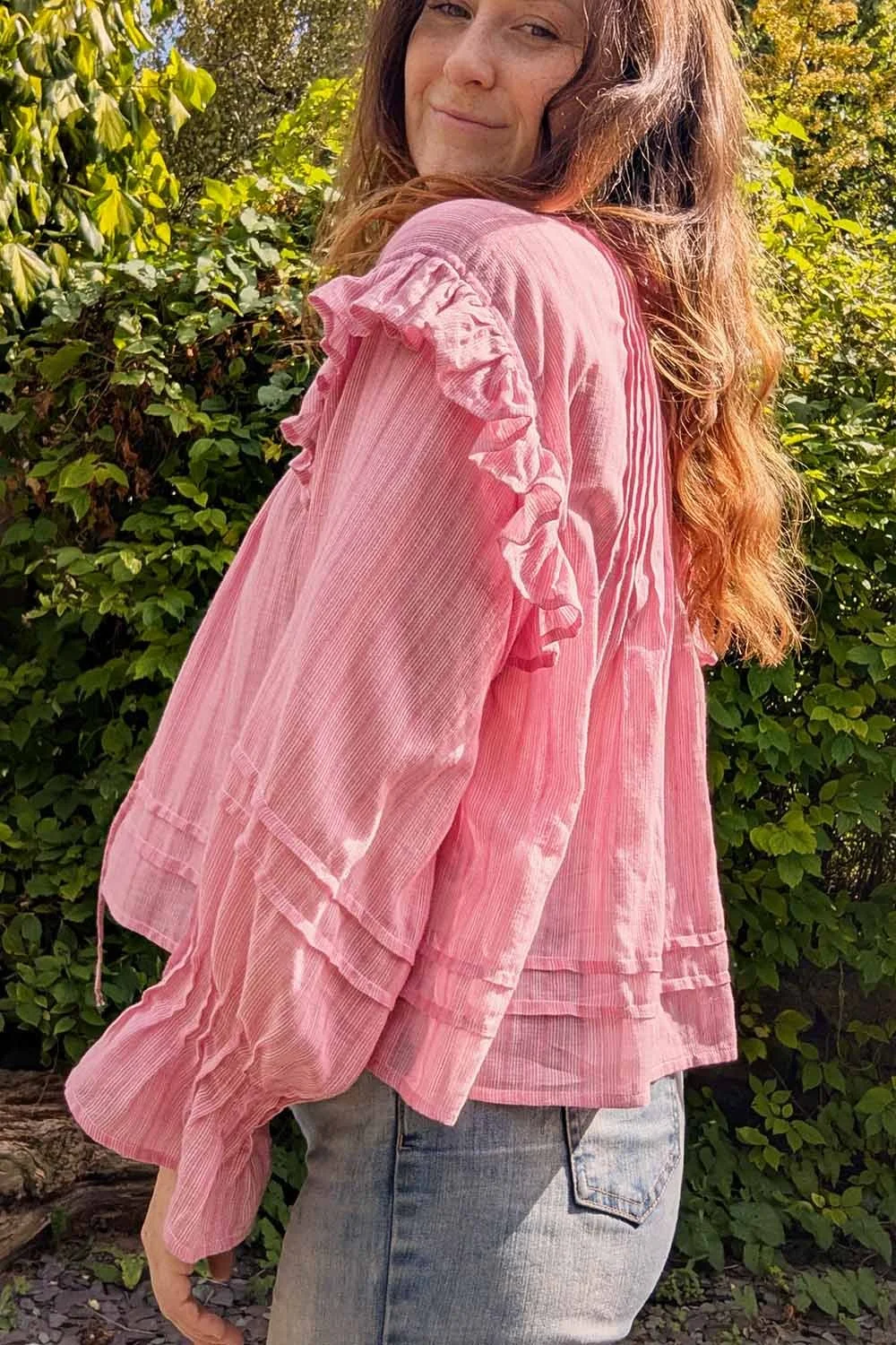 vintage pink peasant blouse with frilled cuffs