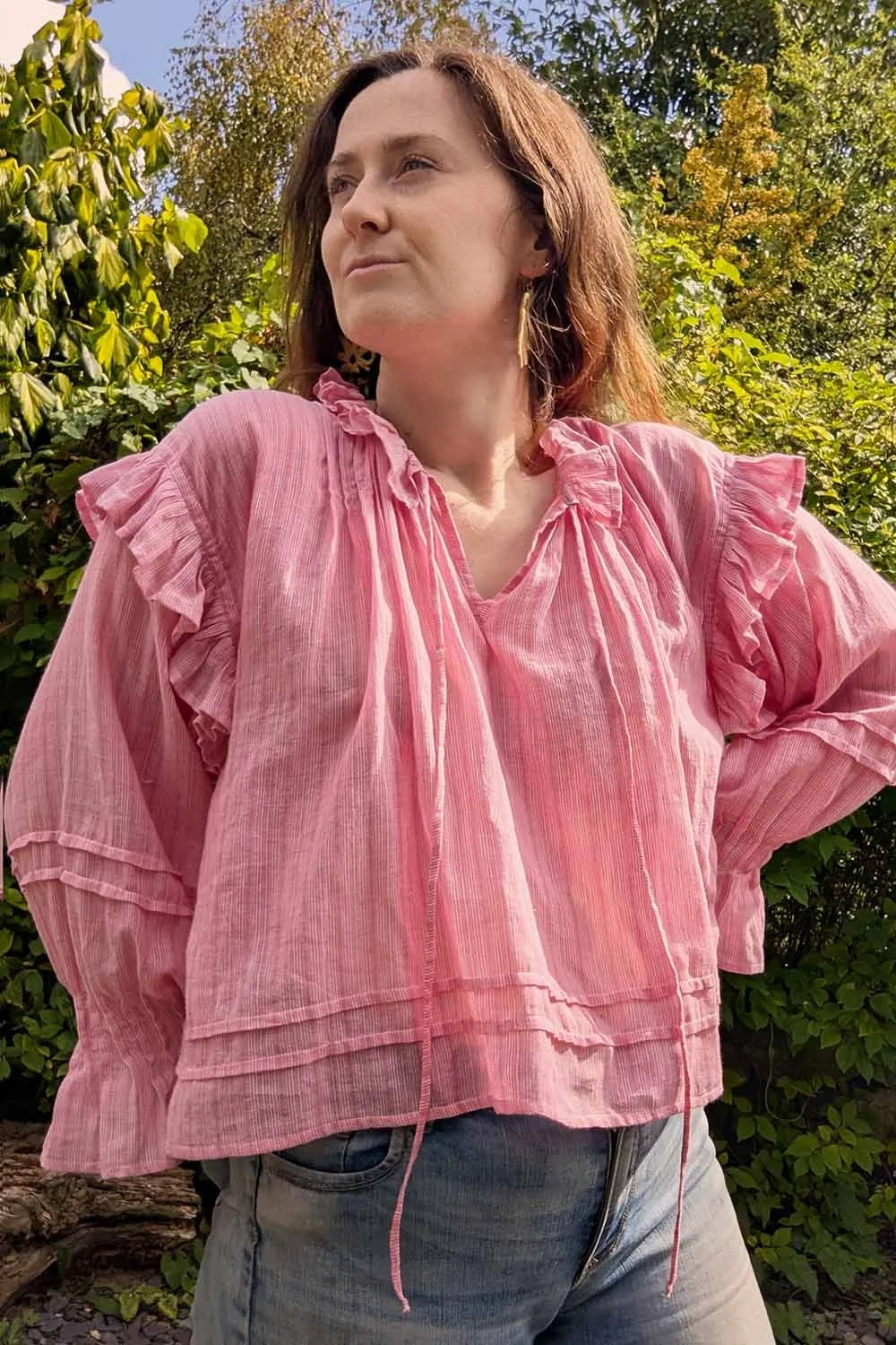 pink cottagecore peasant blouse with billowy sleeves