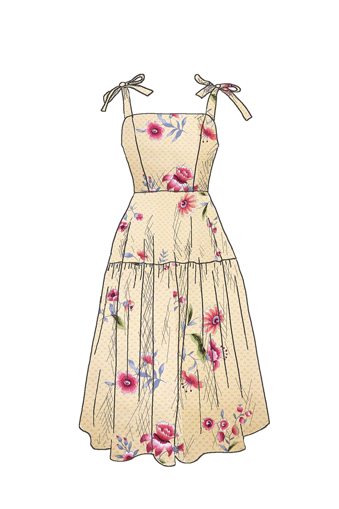 Yellow floral rose print 50s style sustainable wedding guest dress.