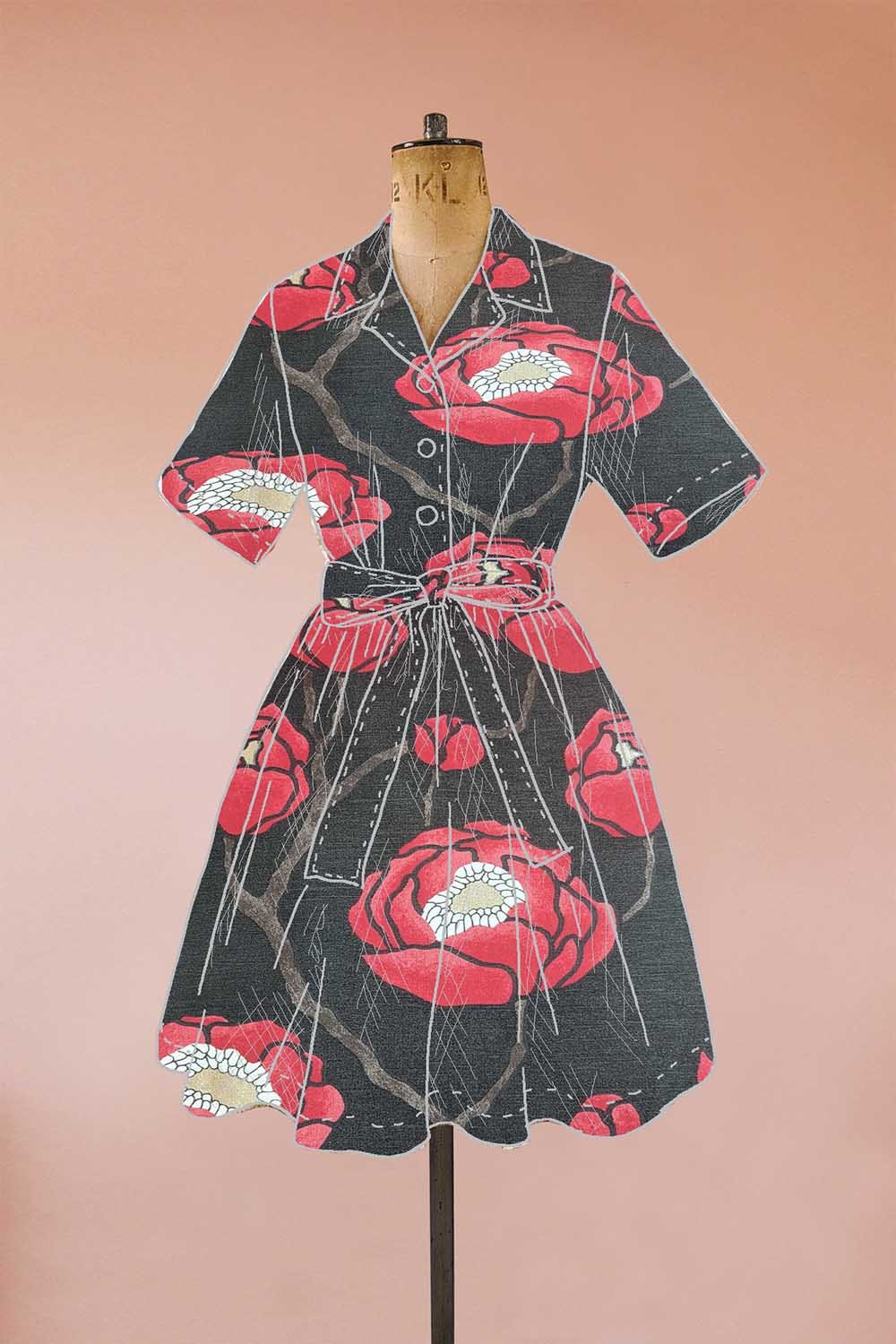black red poppy print oversized mini shirt dress
