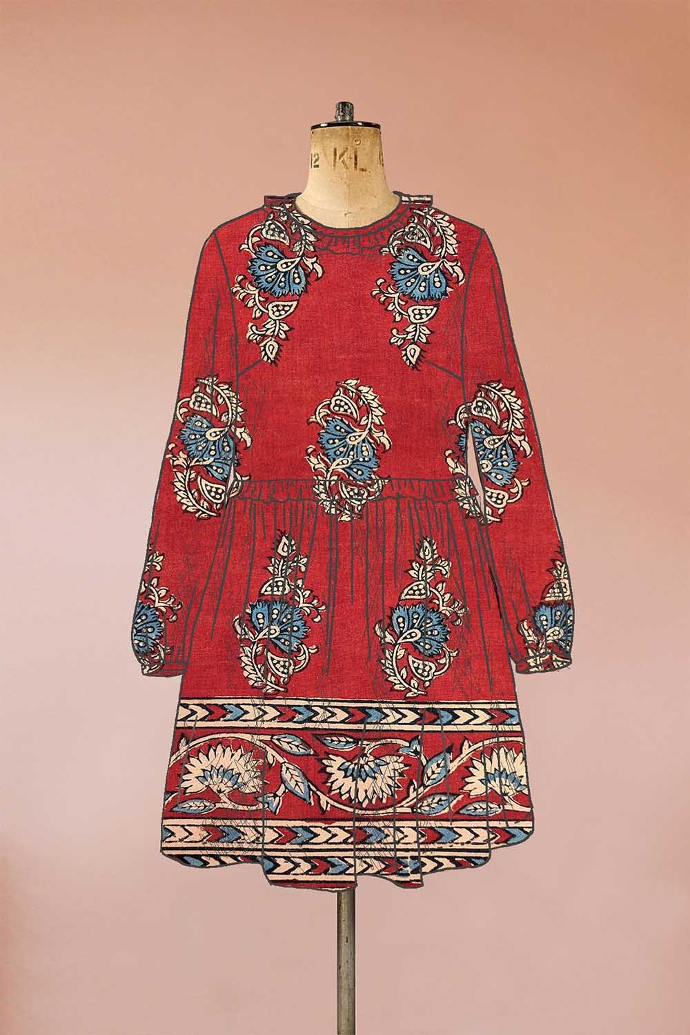 wood block print smock dress