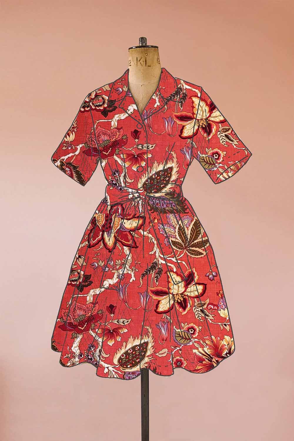 red leaf print short sleeve shirt dress