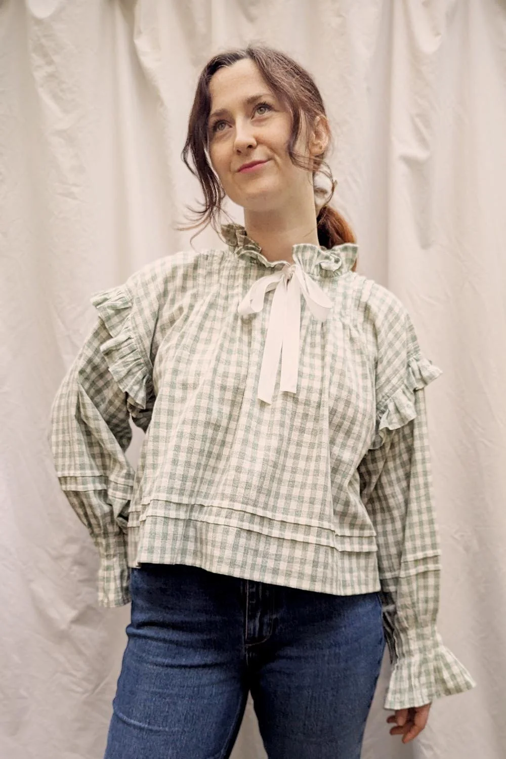 Vintage Gingham Ruffle Blouse - Made in Britain - Daffodil + Leek