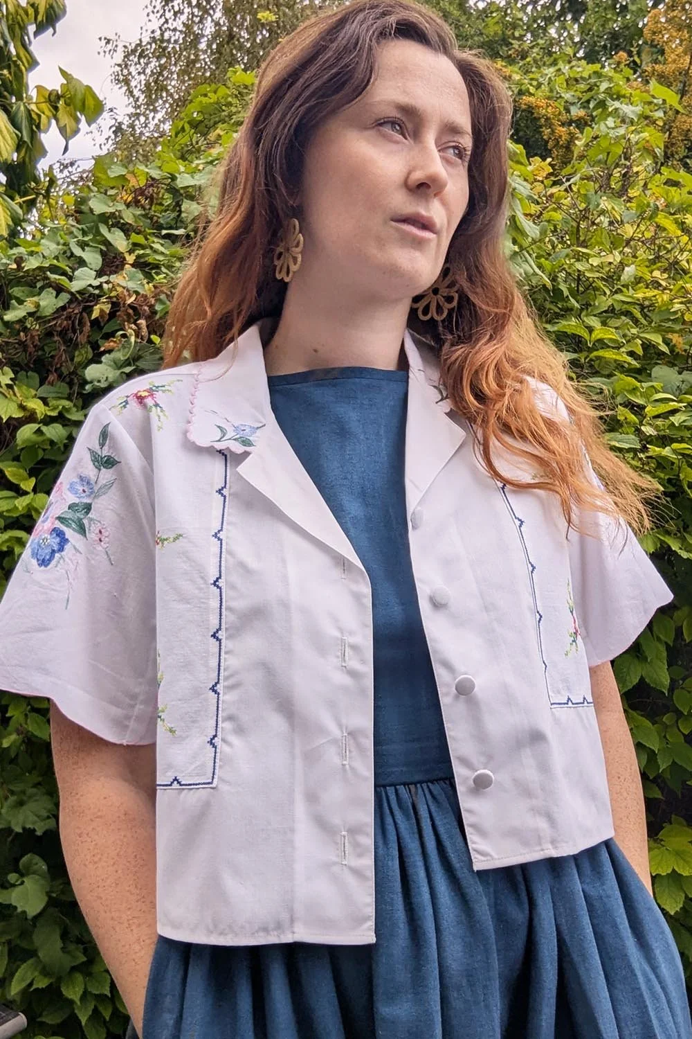 Floral embroidered top with classic camp collar