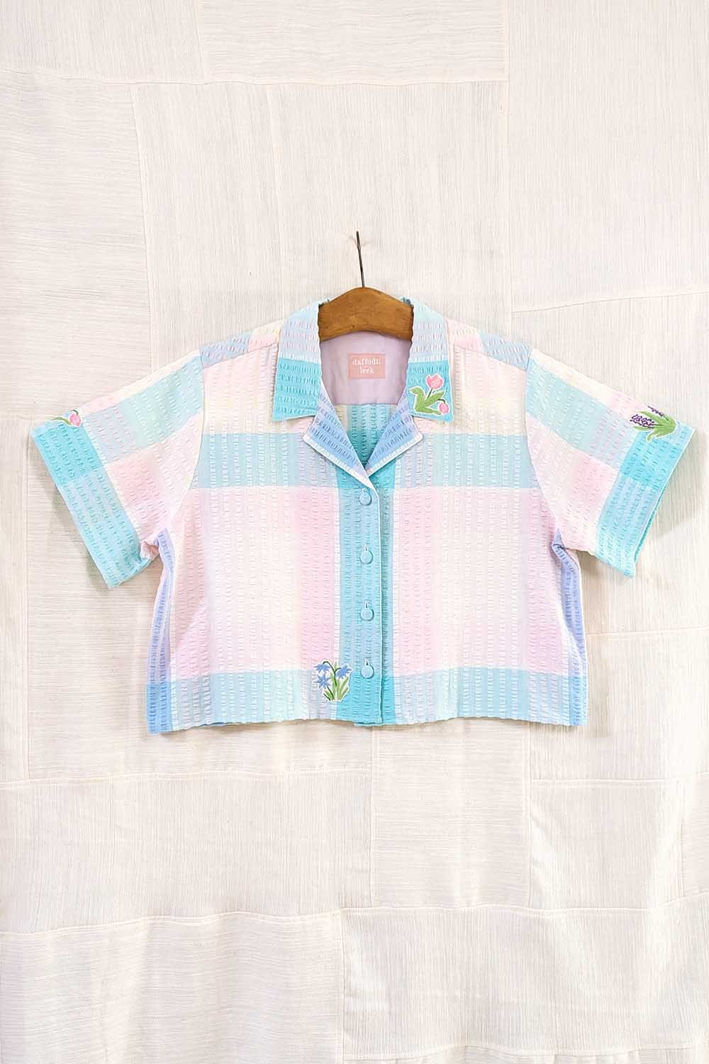 Upcycled Floral Hand Embroidered Patchwork Shirt - Daffodil + Leek ✿