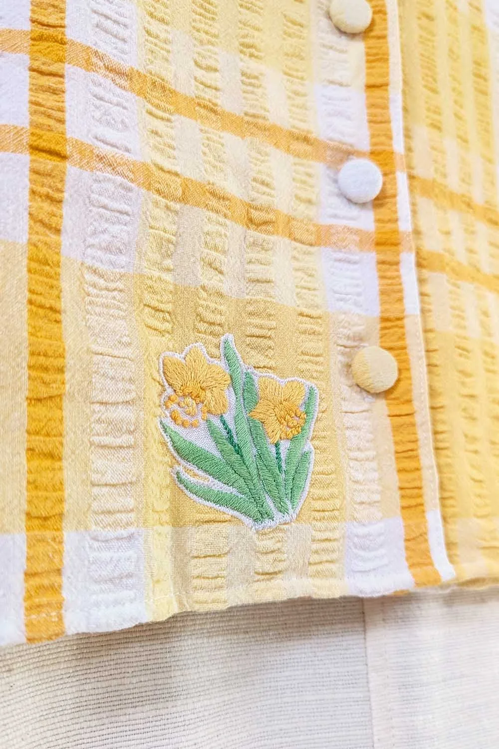 Upcycled Floral Hand Embroidered Patchwork Shirt - Daffodil + Leek ✿