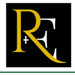 A logo with the letters R, F, and E in gold and white on a black background, with a green underline.