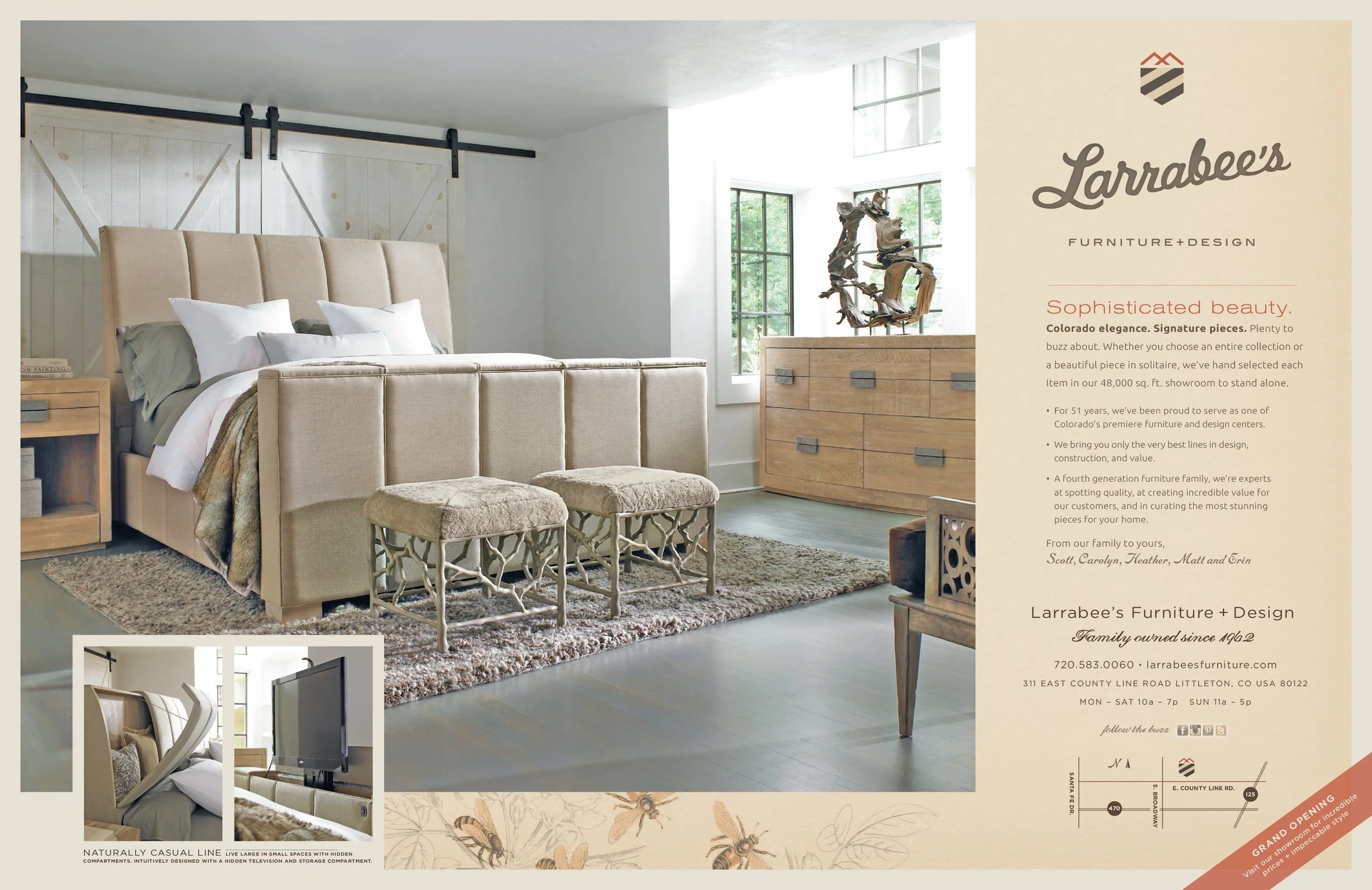A bedroom with a beige upholstered bed, two matching stools with metallic bases, a wooden dresser, and decorative art piece near windows with natural light.