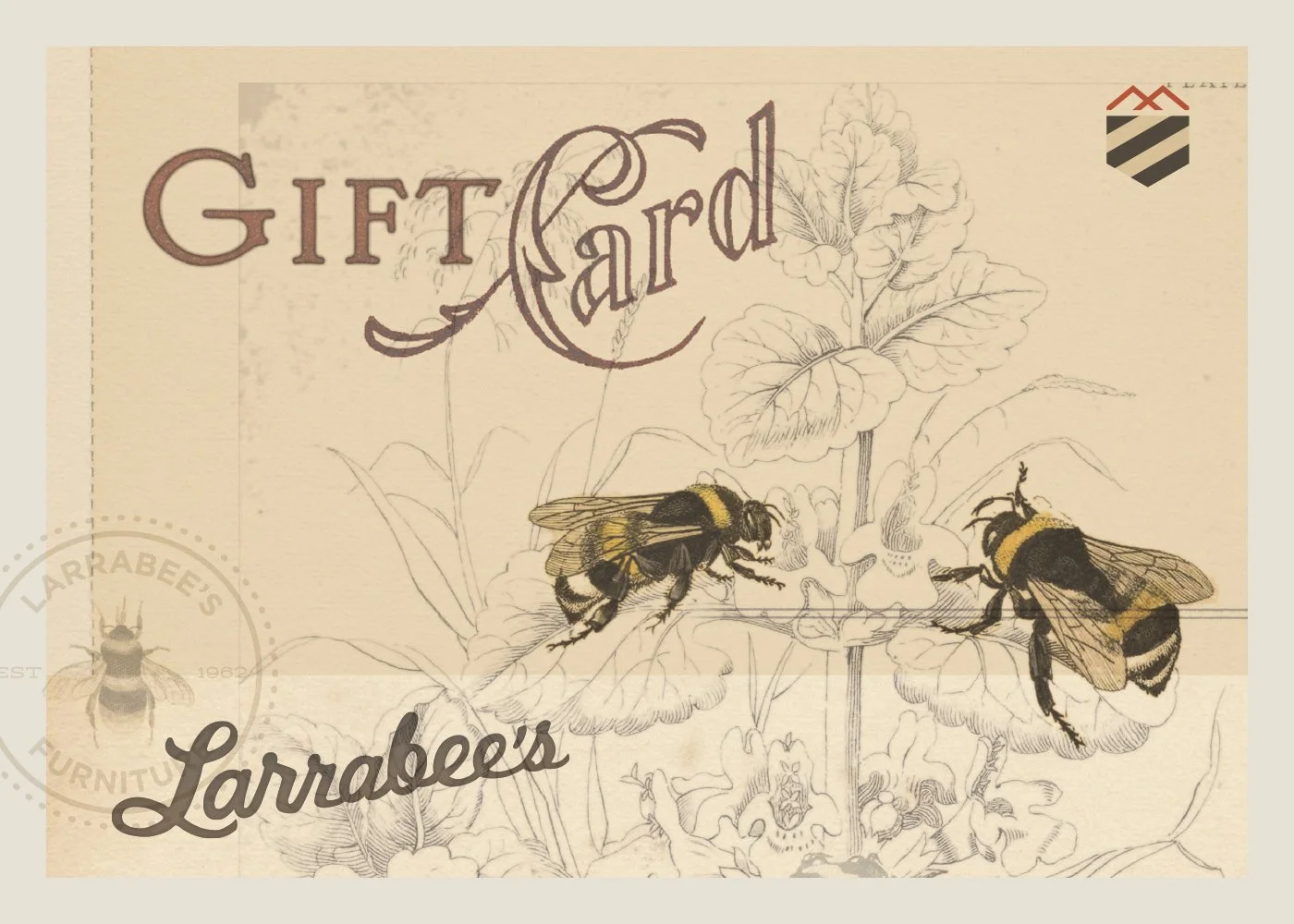 Vintage-style gift card label with illustration of bees and a flowering plant, featuring the text 'Gift Card' and 'Larrabee's'.