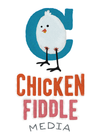 Cute cartoon chicken with black legs, yellow beak, smiling face, and fluffy white body on a blue background, with the words 'Chicken Fiddle Media' below in colorful letters.