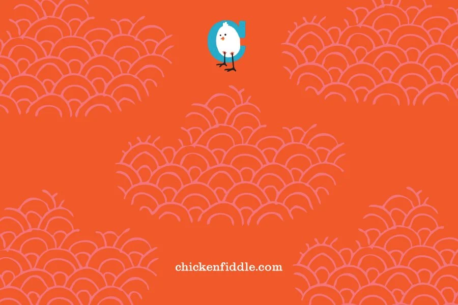 A cartoon chicken with a blue letter 'C' on its body standing on an orange background with pink cloud-like patterns and the website 'chickenfiddle.com' written at the bottom.