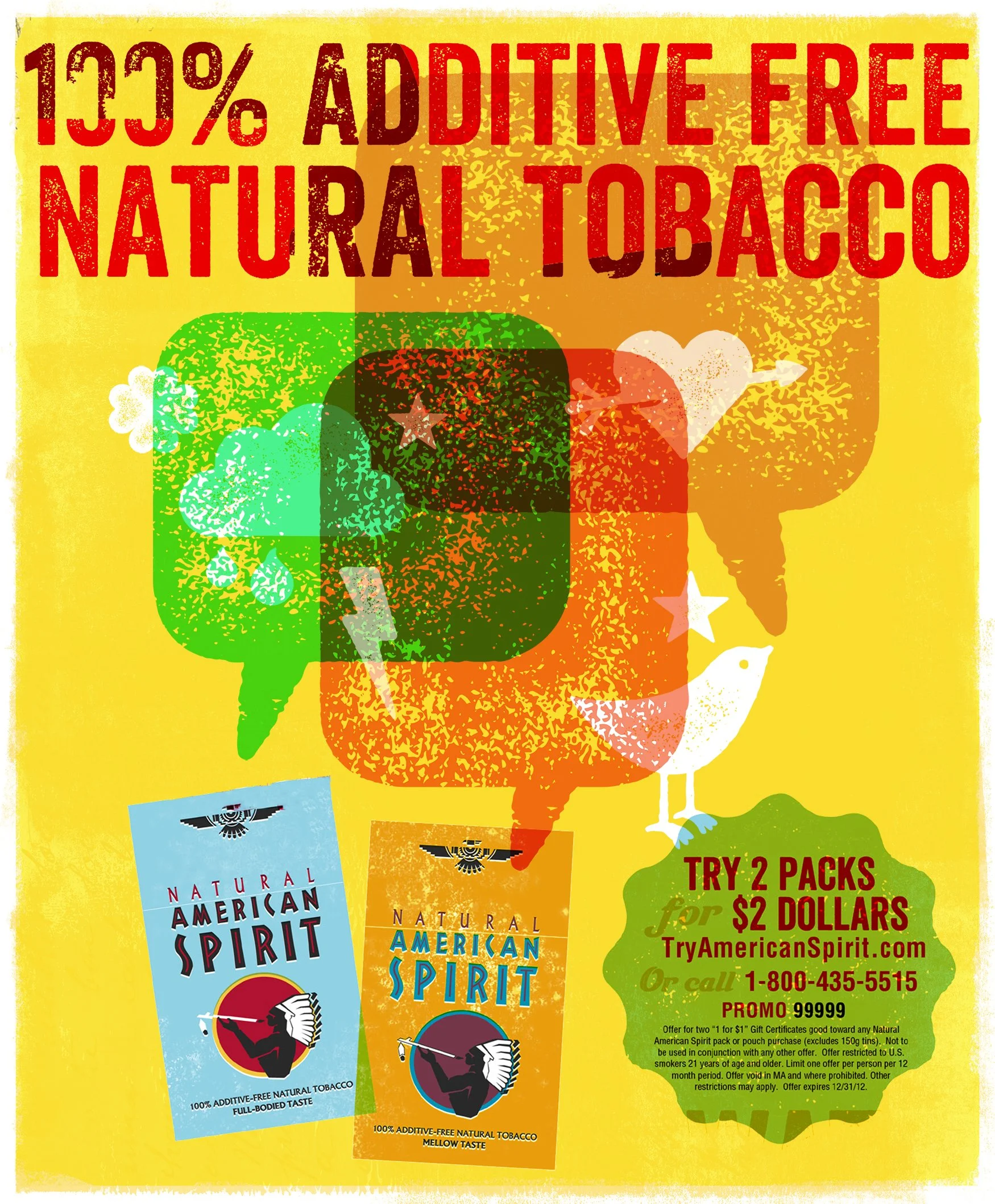 Advertisement for American Spirit natural tobacco, highlighting 100% additive-free, natural, full-bodied, and mellow taste, with images of two packs of the product and a promotion for two packs for $2.