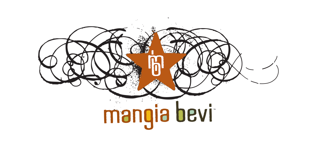Creative logo with a brown star at the center, scribbled black lines surrounding it, and the words 'mangia bevi' in colorful letters below.