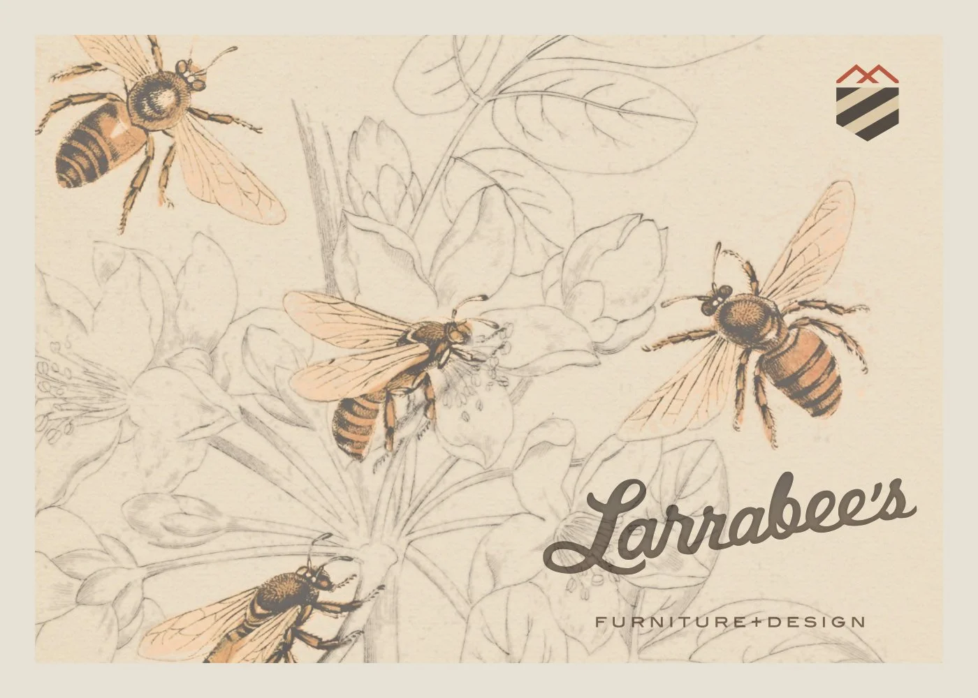 A decorative design featuring illustrated honeybees and plants in pencil and light orange tones, with the text "Larrabee's Furniture + Design" in dark script.