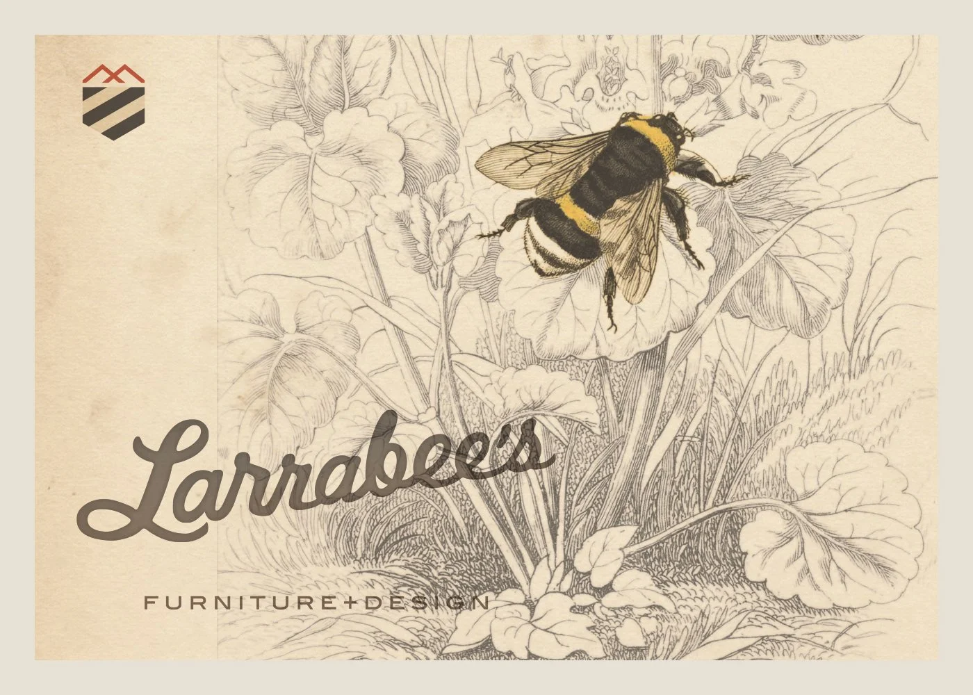 A vintage-style illustration of a bee on a flower with the text "Larrabee" and "Furniture + Design" overlayed.