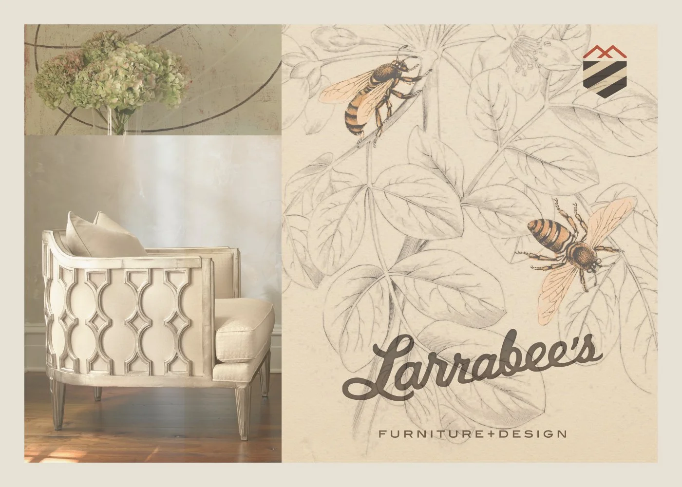 A vintage cream-colored armchair with pillows, a blurred flower arrangement above, and a design poster with illustrations of bees and leaves, and the text 'Larrabee's Furniture + Design.'