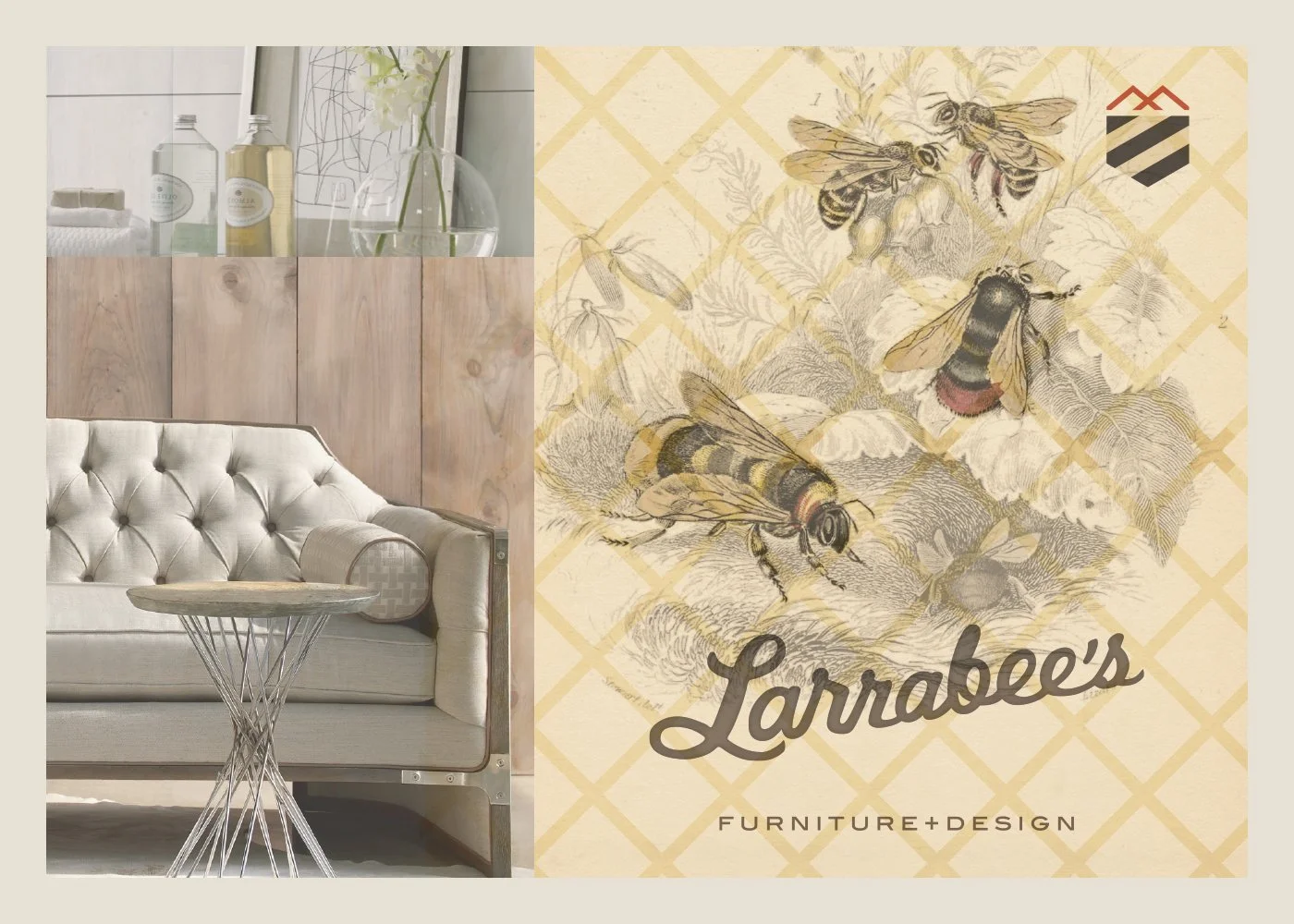 Interior scene with beige tufted sofa, wooden side table, glass bottles, and decorative plants on a wall; adjacent graphic with bees, honeycomb pattern, and text reading 'Larrabee's Furniture + Design'.