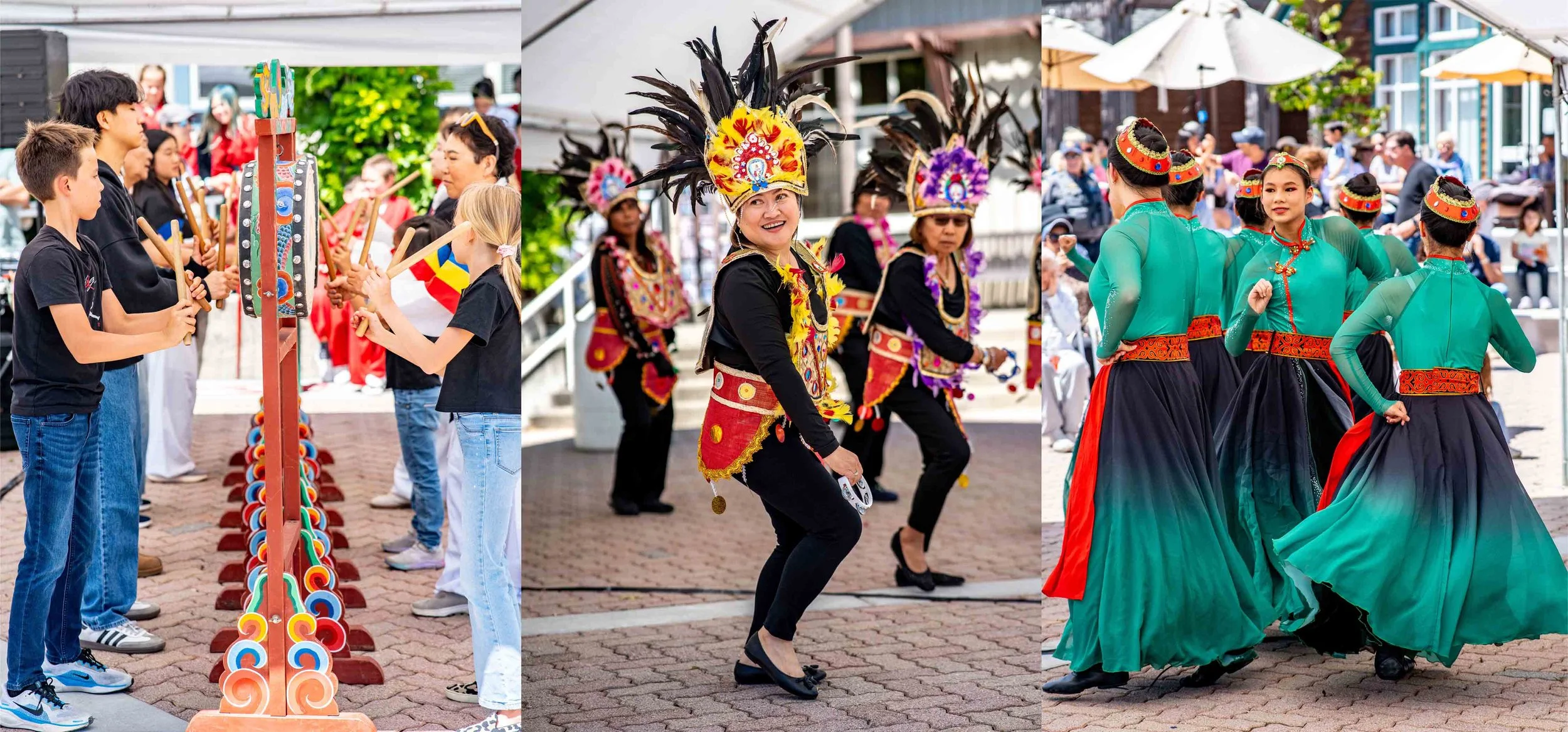 AAPI Drummers and dancers in Tiburon CA, colorful costumes and talented dancers