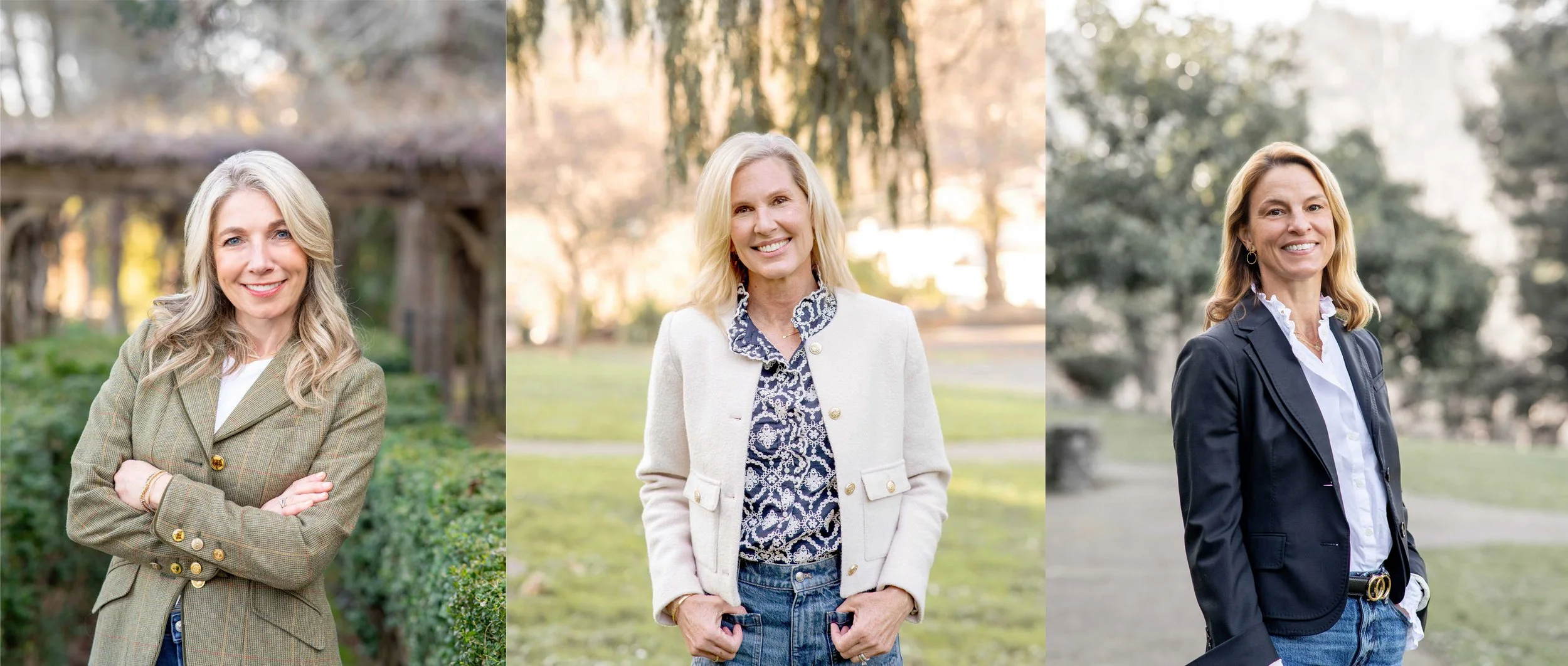 Three event planners posing together during a branding photo session in Marin County, California