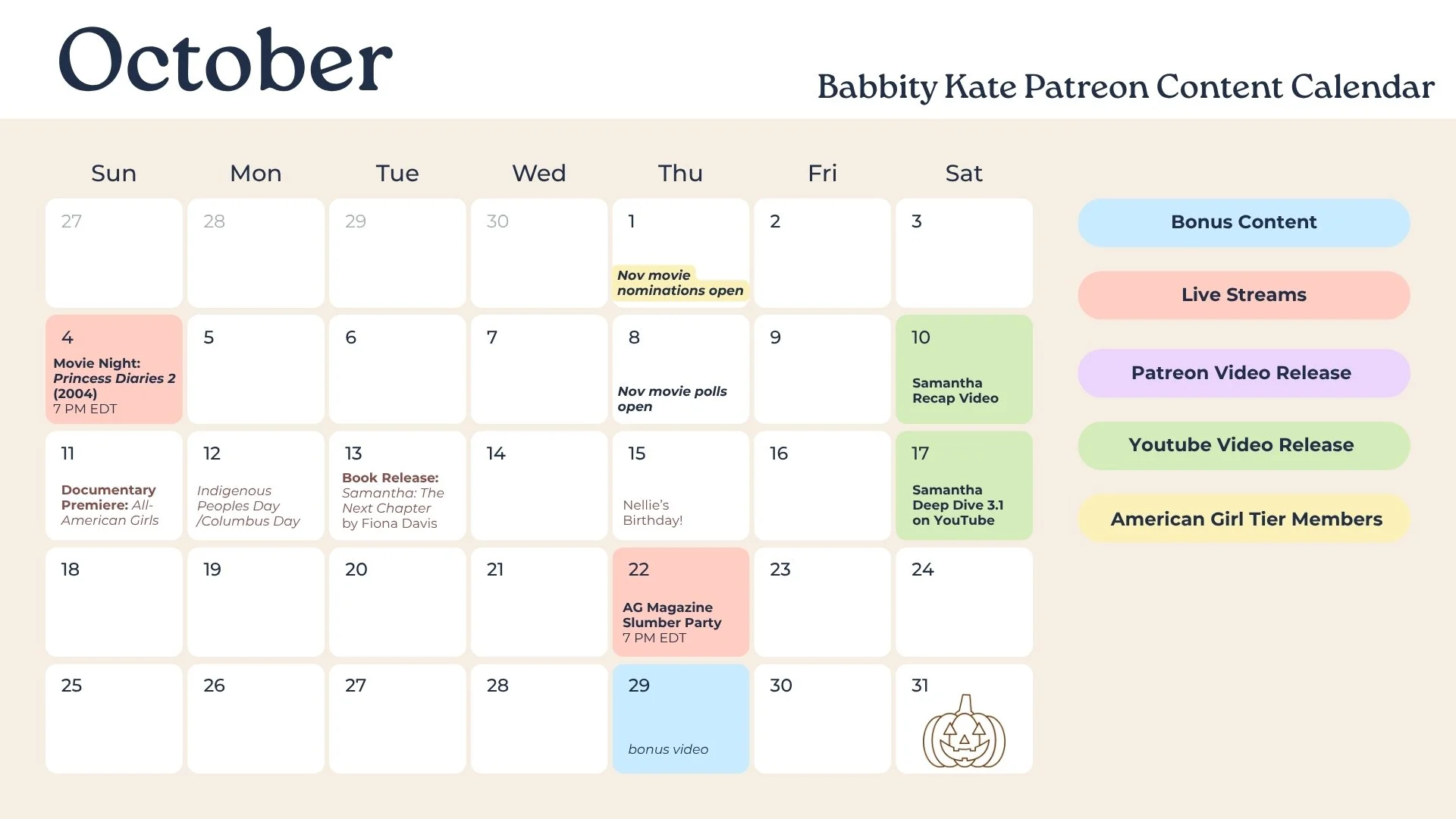 Babbity Kate Content Calendar October 2026