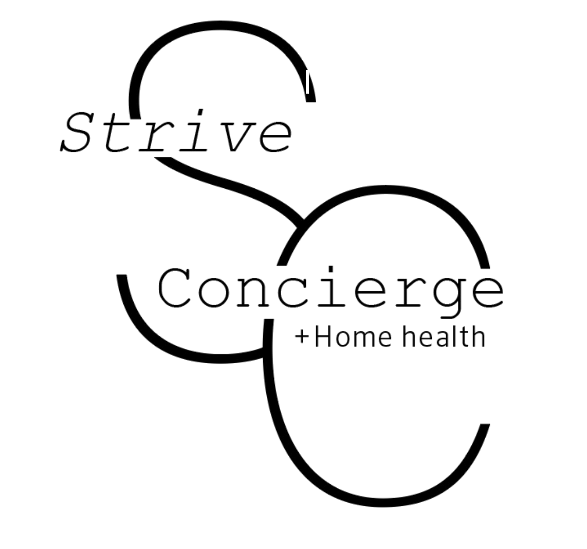 Logo with interconnected circles containing the words 'strive' and 'conciere + Home health'