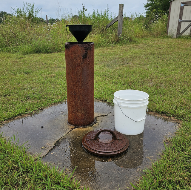 a bottle of liquid chlorine next to a residential wellhead