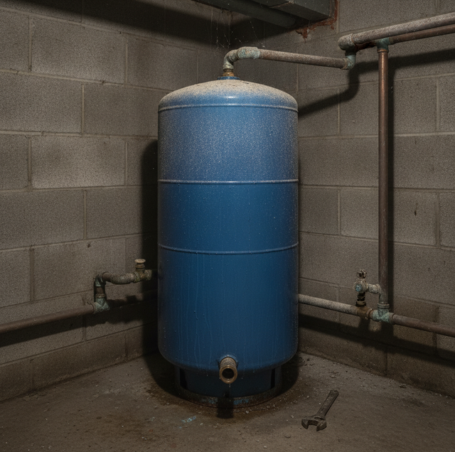 rusted well pressure tank with condensation forming at base