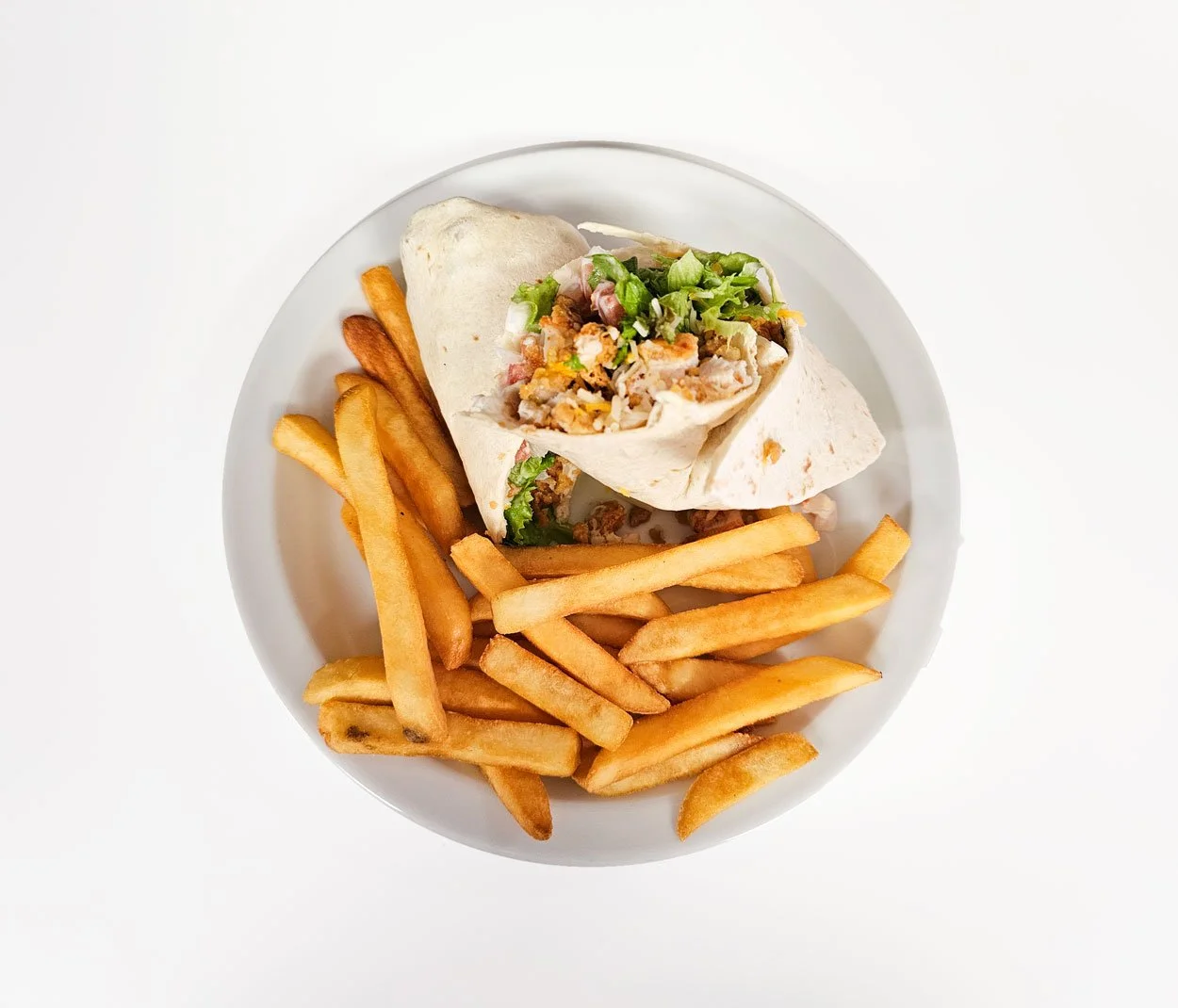 Plate of two chicken fajitas with French fries on a white background.